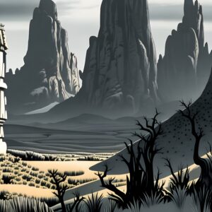 Arid valley of the shadow of death with foreboding mountains and dead trees