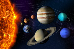 Sun and the planets of our Solar system on orbits, starry space background. Image elements furnished by NASA.
