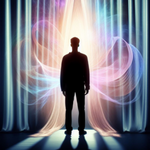 silhouette of a person standing in front of a curtain, with the curtain gradually transitioning from a solid color to a spiritual or ethereal image, symbolizing the unveiling of anonymity's spiritual roots in AA