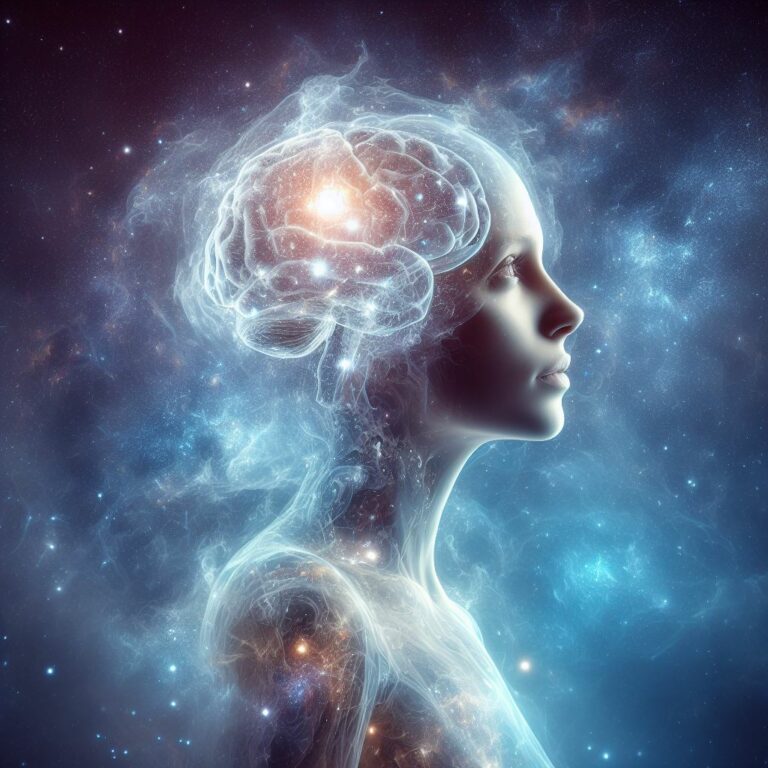 translucent person with brain superimposed over universe