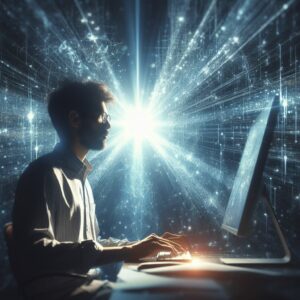 man reading inspirational computer message, realistic ethereal beams of light