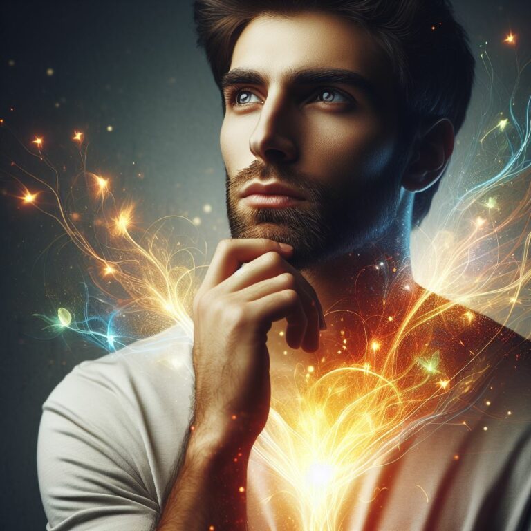 thoughtful man holding glow, realistic inspirational