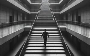 man climbing up one endless flight of stairs with multiple levels in a building