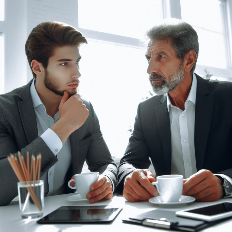 two men meeting earnest over coffee