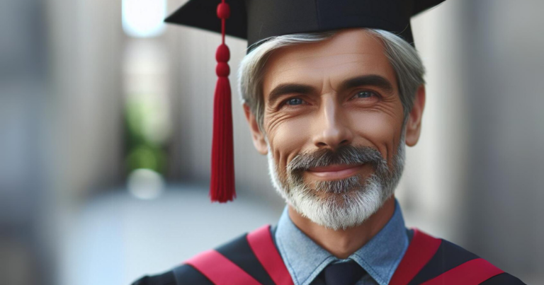 a mature graduate looks happy and satisfied