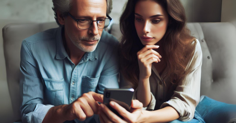 man and woman looking at phone