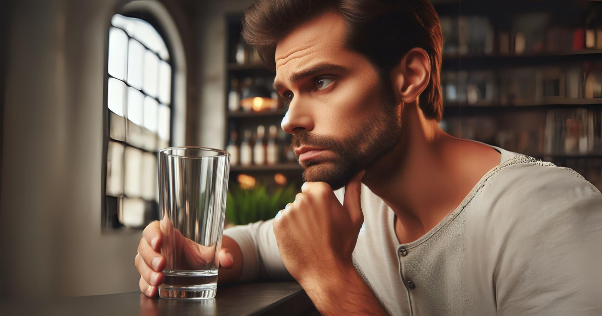 man stares at empty glass