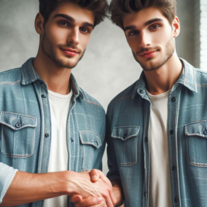 Man shaking hands with his identical alter ego