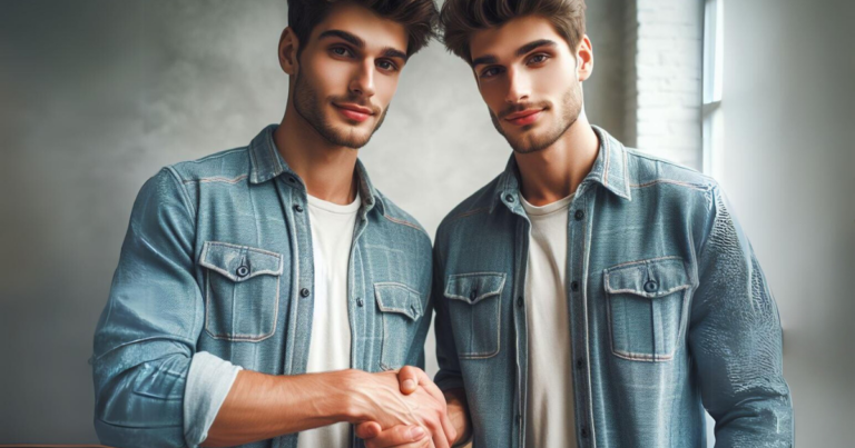 Man shaking hands with his identical alter ego