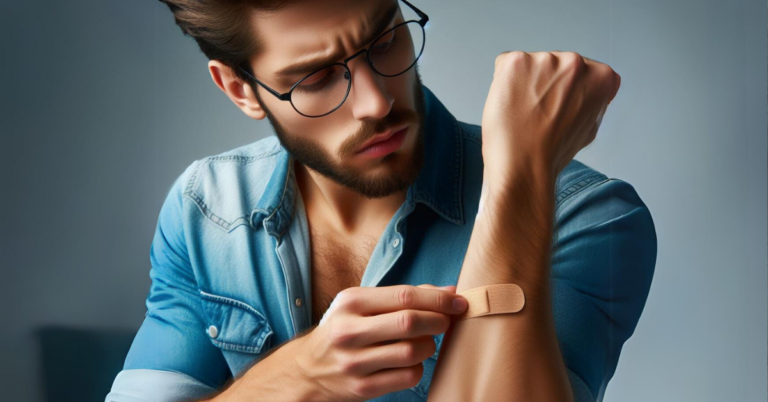 man examining bandaid on own arm