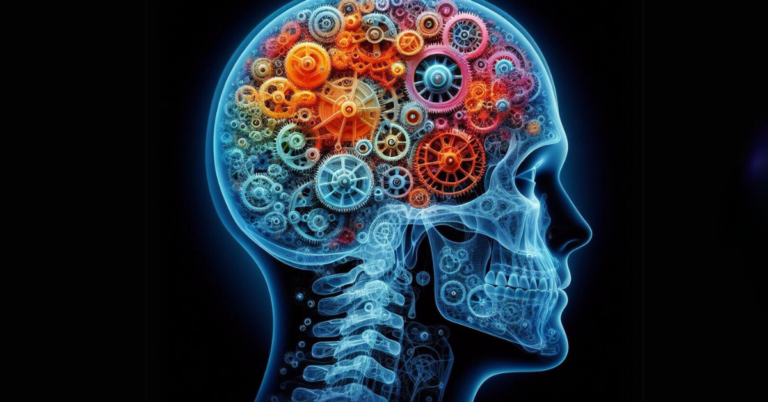 head full of gears and mechanisms colorful