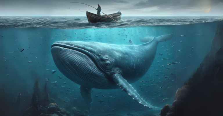 a whale lurks deep in the ocean, caught by a fisherman with a rod in a rowboat