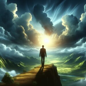 man standing on a precipice facing dark clouds and inspiring sunlit landscape