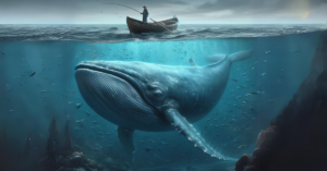 a whale lurks deep in the ocean, caught by a fisherman with a rod in a rowboat