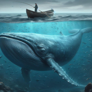 a whale lurks deep in the ocean, caught by a fisherman with a rod in a rowboat