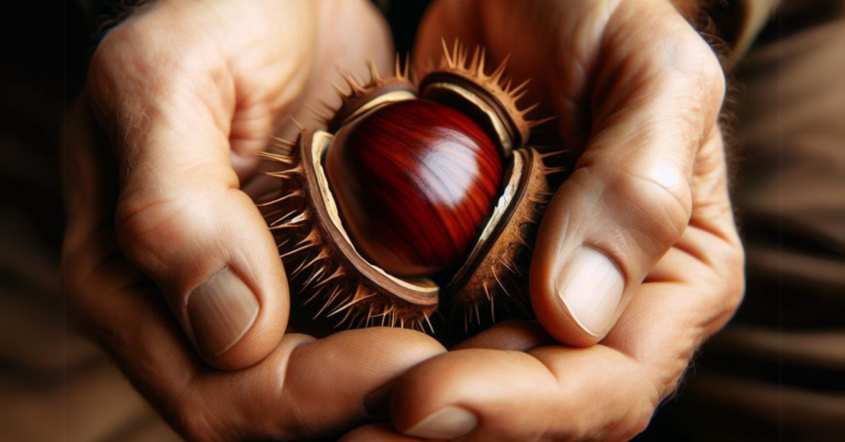 hands holding a partially open chestnut