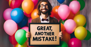 man with great another mistake sign surrounded by balloons