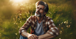 man sitting in a field in quiet contemplation