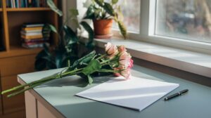 bouquet of flowers and sheet of paper