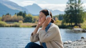 photo of woman sitting serenely by lake listening to headphones