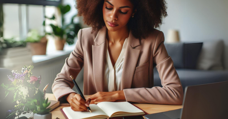 woman writing at desk