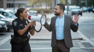 police officer yelling at a citizen through a megaphone