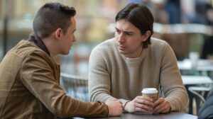 two men discuss over coffee