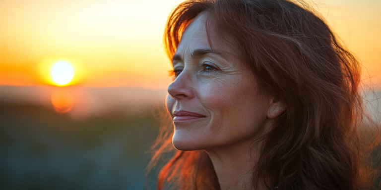 mature and joyful woman looking into the future