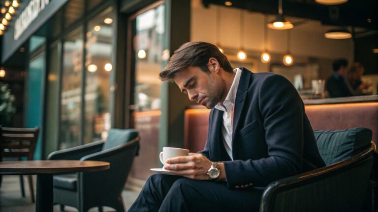 man with head bowed looking at coffee mug