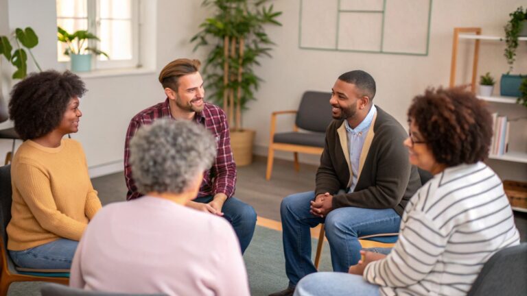 aa meeting in a treatment center with diverse participants