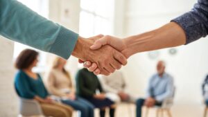 two hands shaking in a meeting