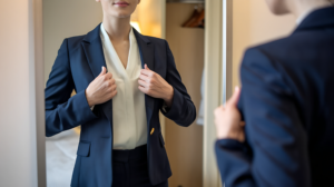 well-dressed businesswoman in front of mirror