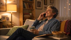 individual engaged in a friendly phone call