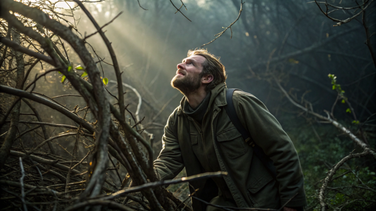 man emerging from brambles and darkness into the light