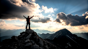 man standing triumphantly over mountain dramatic lighting and sky