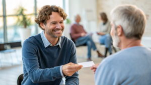 handing a business card to a newcomer