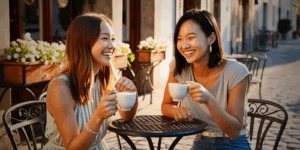 sponsor and mentee enjoying coffee together in an outdoor cafe