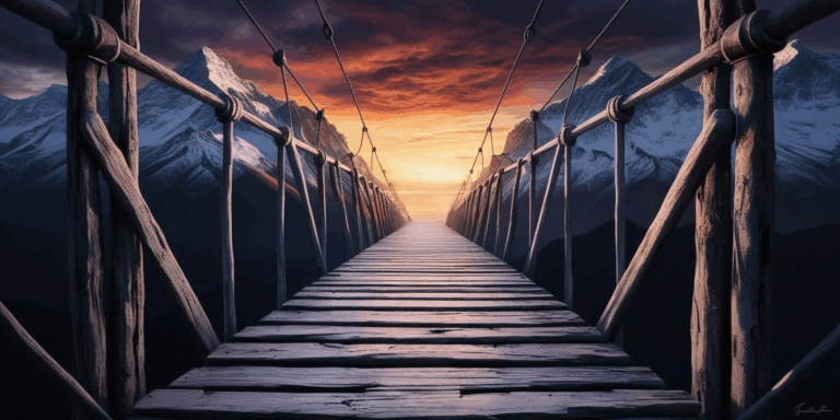 looking across a high suspension bridge dramatic lighting