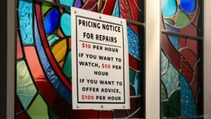 Sign on stained glass window