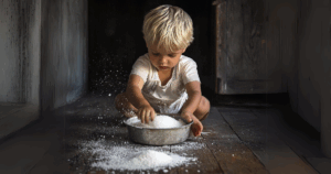 child sitting on floor making a mess