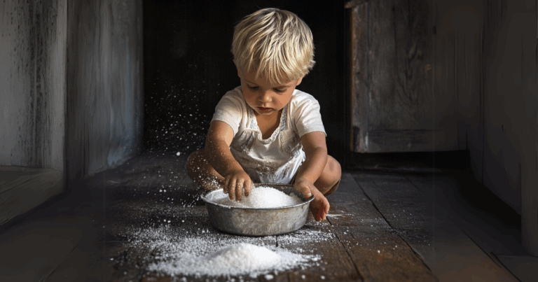 child sitting on floor making a mess