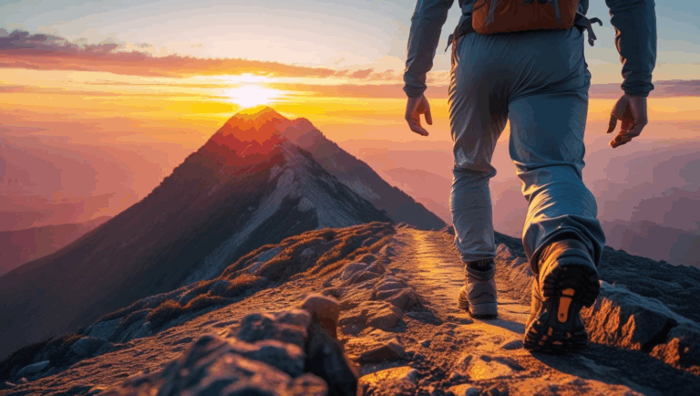 man overcoming obstacle climbing mountain to peaceful peak recovery journey