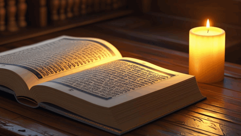 sacred text and lit candle on table