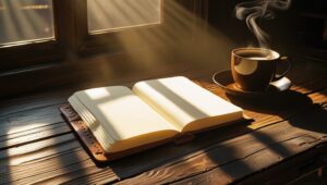 notebook and coffee in a serene setting, light streaming in
