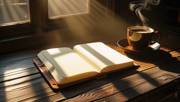 notebook and coffee in a serene setting, light streaming in