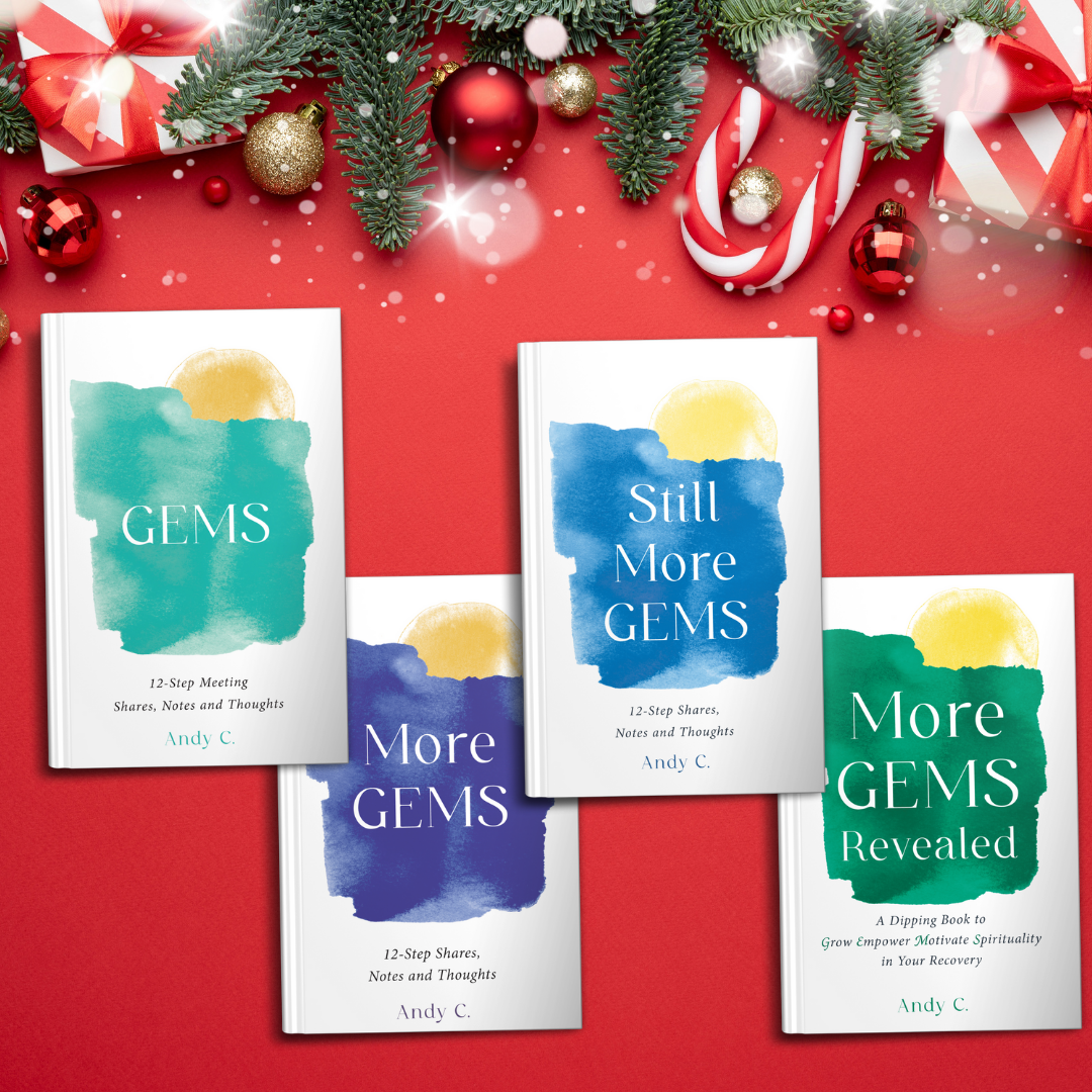 four volumes of GEMS books for aa recovery in Christmas background