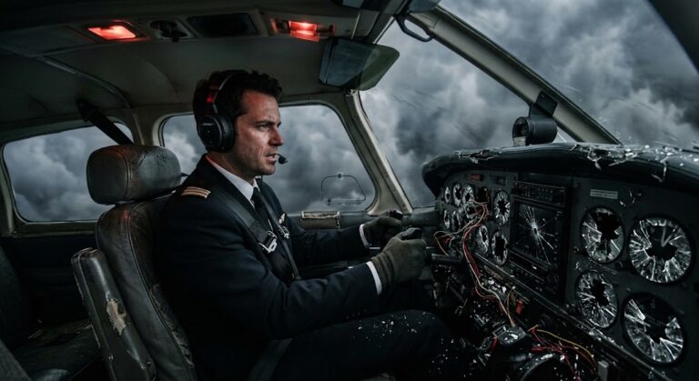 pilot with destroyed instruments